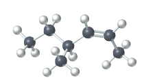 There is a ball-and-stick model of a molecule. It has a chain of 6 black balls connected successively, the fourth and the fifth black balls (from left to right) being connected by a double bond. A group consisting of a black ball and three white balls bonded to it is attached to the third black ball in the chain. The substituents at the double bond are oriented in the same direction. Each terminal black ball is bonded to three white balls. Each black ball of the double bond is bonded to one white ball. The second and the third black balls in the chain are attached to two and one white ball, respectively.