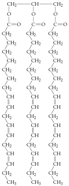 A three-carbon chain (CH2, CH and CH2) with each C single bonded to O, which is single bonded to CO, which is single bonded to a long hydrocarbon chain. There are 3 double bonds in each of the 3 hydrocarbon chains.