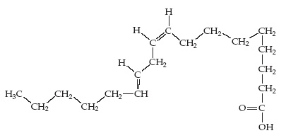 A chain of four CH2s. The CH2 on one end has a single bond to COOH, while the CH2 on the opposite end is bonded to a long hydrocarbon chain that contains two double bonds.